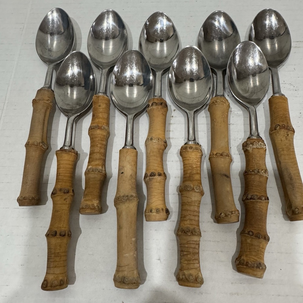 VINTAGE MID-CENTURY AUTHENTIC BAMBOO HANDLE TIKI FLATWARE STAINLESS STEEL JAPAN - Picture 4 of 11